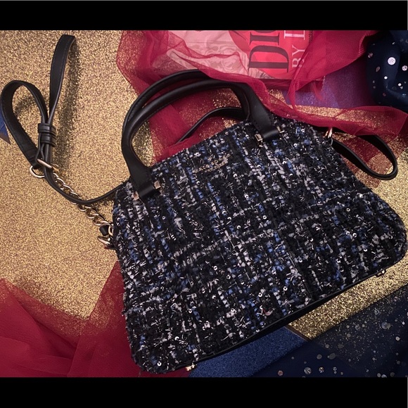 KATE SPADE BLUE GOLD WHITE TWEED LEATHER SHIMMERY Crossbody Bag GORG RARE LOVELY - Picture 2 of 8
